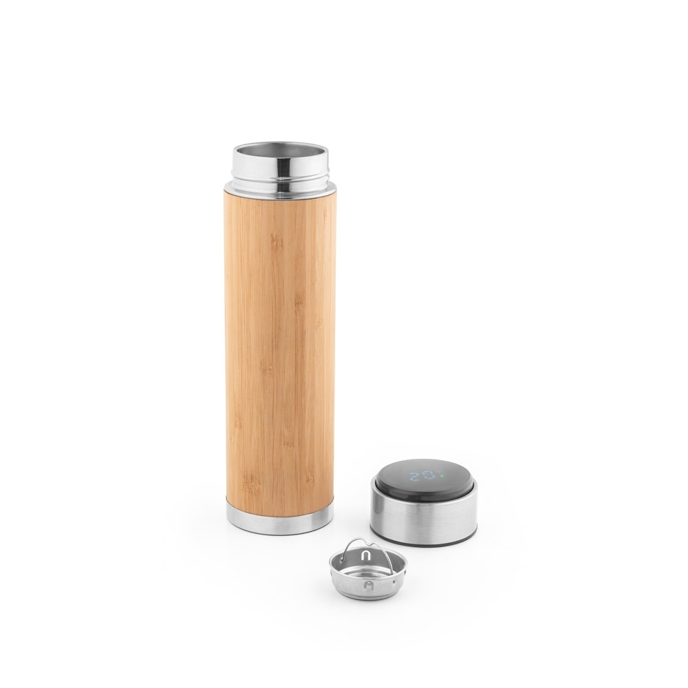 Garrafa térmica em aço inox e bambu com termómetro digital