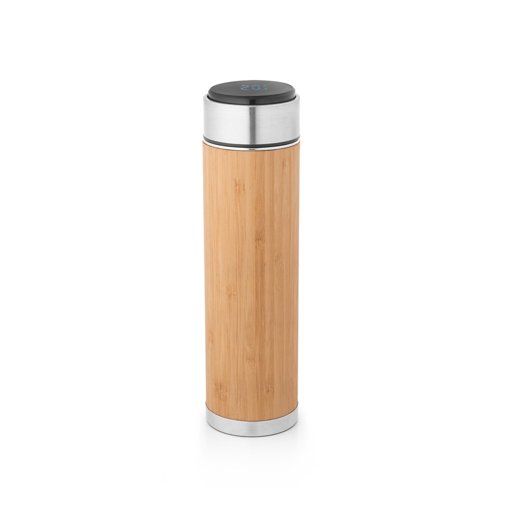 Garrafa térmica em aço inox e bambu com termómetro digital