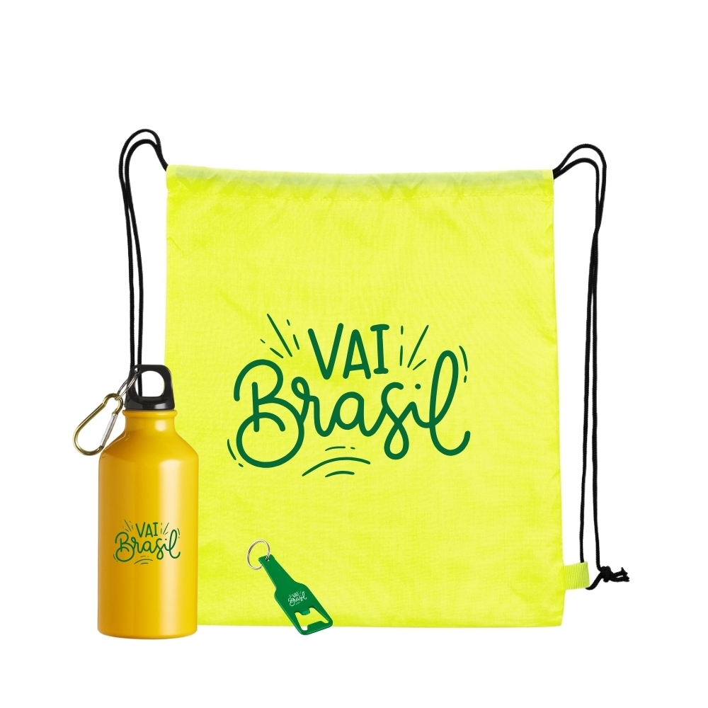 Kit Torcedor Personalizado com Squeeze de Alumínio, Mochila Saco e Chaveiro Abridor