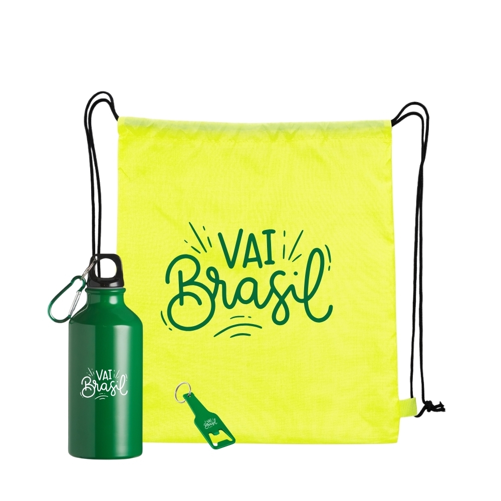 Kit Torcedor Personalizado com Squeeze de Alumínio, Mochila Saco e Chaveiro Abridor