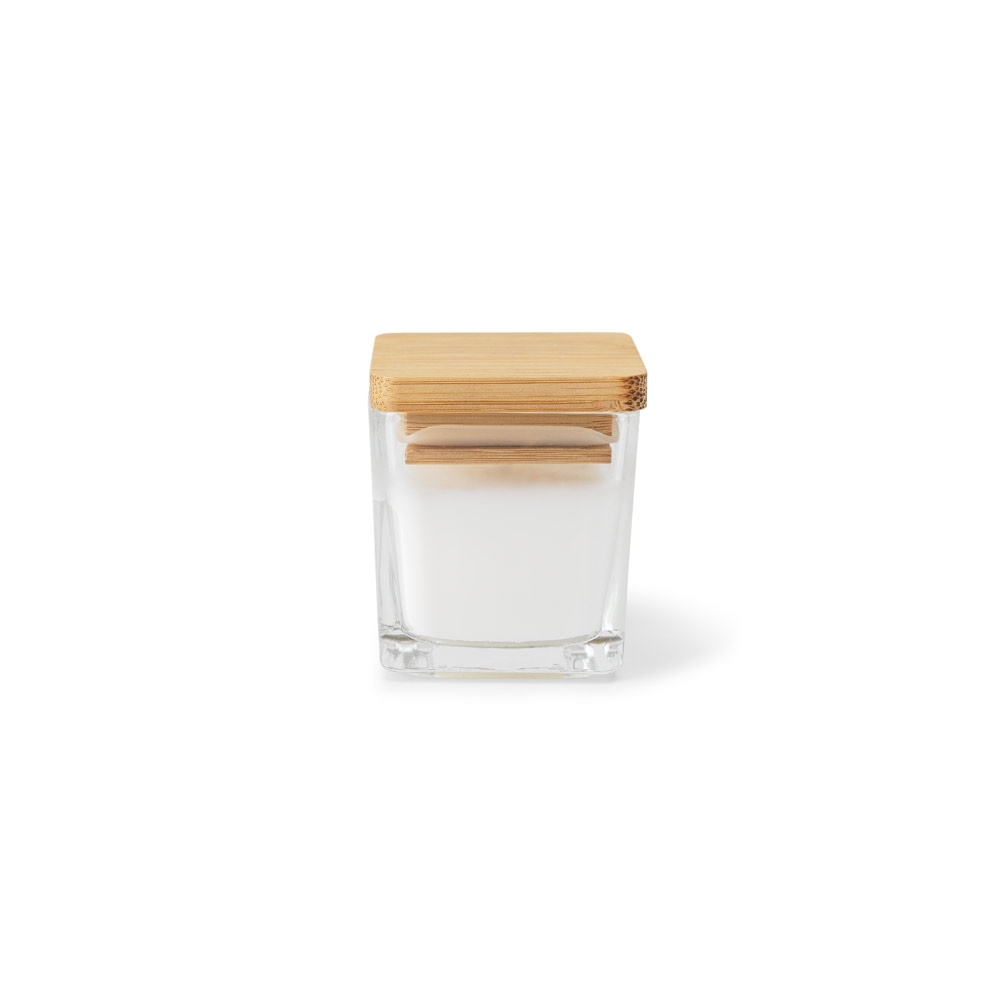Vela aromática em copo de vidro com tampa de bambu